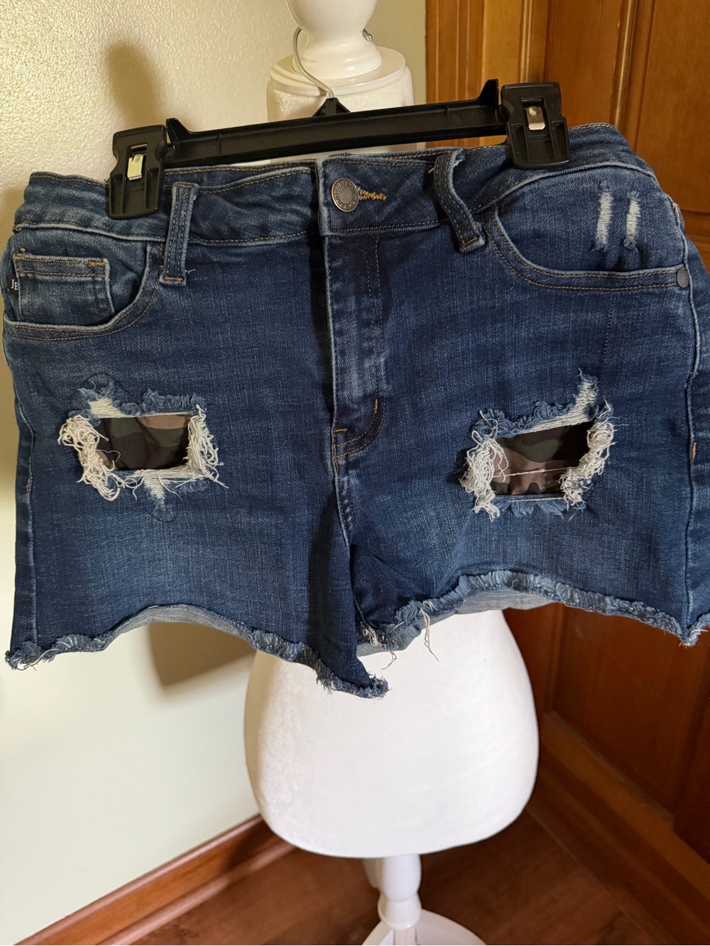 Judy Blue Distressed Dark Wash Denim Women's Shorts with Camo Patch